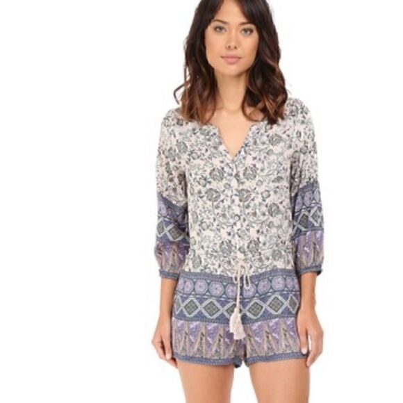 Brigitte Bailey Romper Womens size Small paisley Boho button Up Tassel Floral - Picture 1 of 14